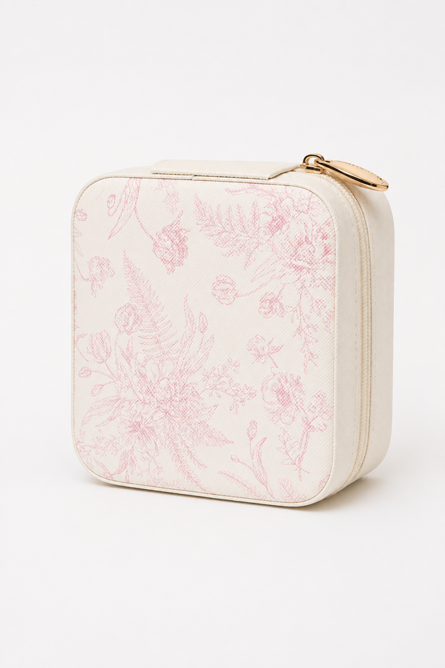A square cream-colored zippered pouch featuring a delicate pink botanical floral pattern, with a small gold zipper pull, shown on a clean white background.