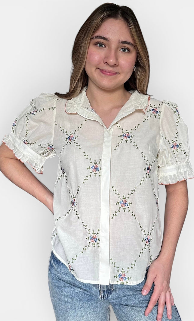 Noemi Embroidered Ruffle Collar Blouse