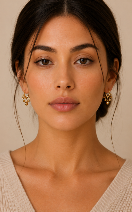 Brunette model wearing modern open V-shaped gold hoop earrings with delicate dangling gold beads.