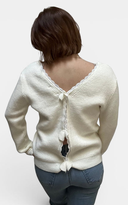 A woman viewed from behind wearing a cream-colored ribbed knit cardigan with a lace-trimmed open back and decorative tie details, paired with blue jeans, against a plain light gray background.