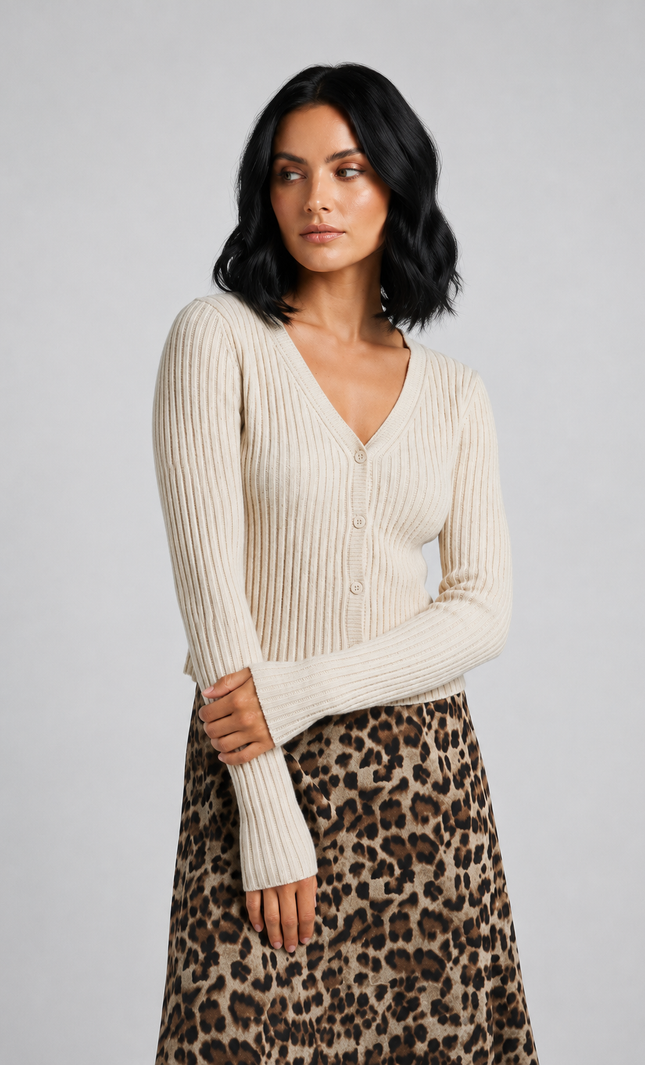 Front view of a fitted ribbed V-neck cardigan with button closure and long sleeves in muted mauve