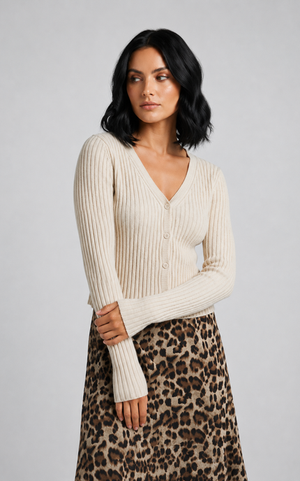 Front view of a fitted ribbed V-neck cardigan with button closure and long sleeves in muted mauve