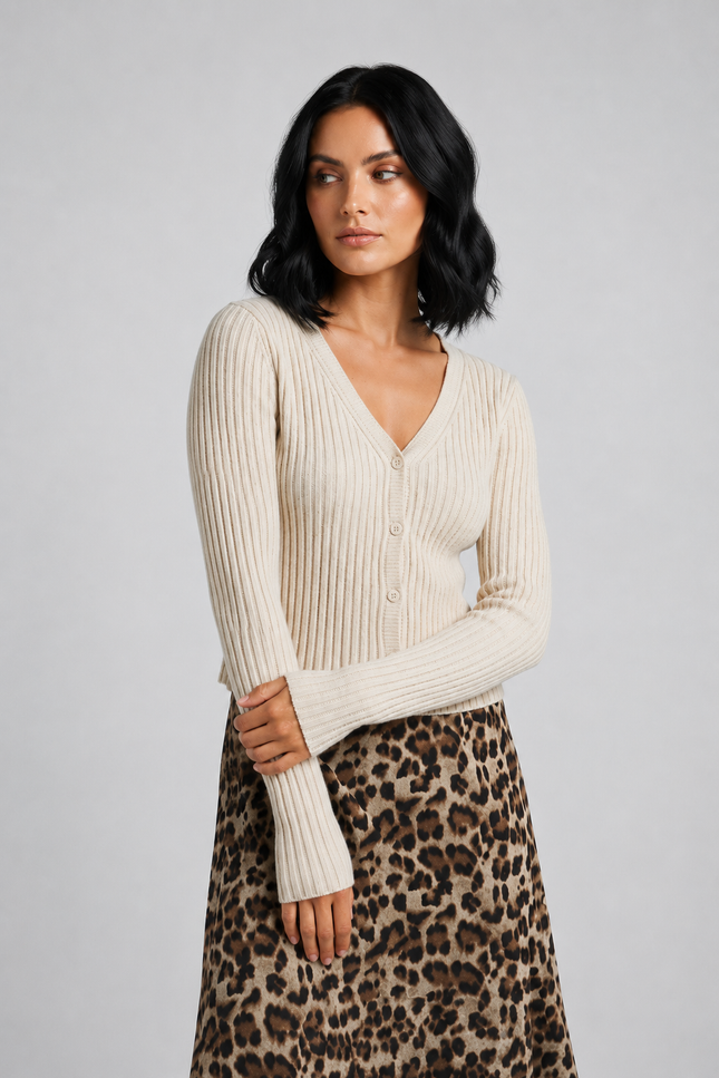 Front view of a fitted ribbed V-neck cardigan with button closure and long sleeves in muted mauve