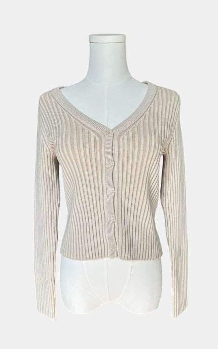 Front view of a fitted ribbed V-neck cardigan with button closure and long sleeves in muted mauve on mannequin