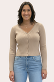 Ribbed Knit Cardigan — classic V-neck button-up with fitted silhouette and soft stretch knit from Justyna Grace Boutique.