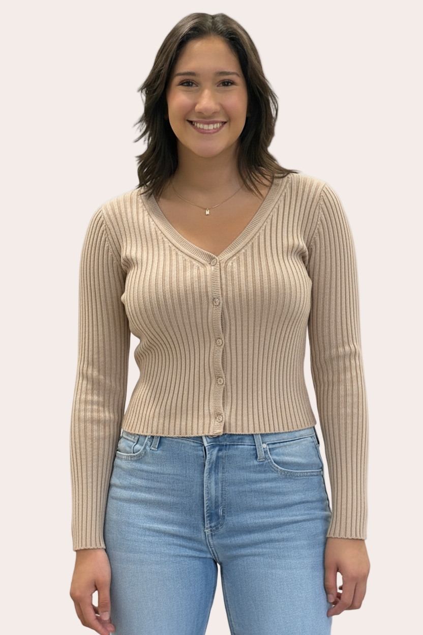 Ribbed Knit Cardigan — classic V-neck button-up with fitted silhouette and soft stretch knit from Justyna Grace Boutique.
