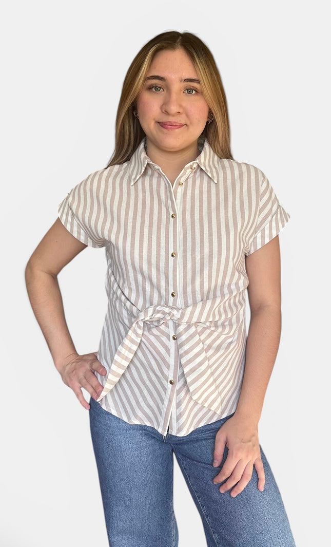Front view of women's striped tie front button down cotton shirt.