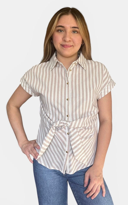 Front view of women's striped tie front button down cotton shirt.