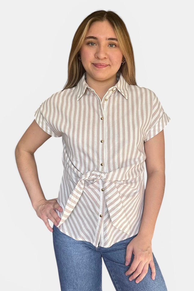 Front view of women's striped tie front button down cotton shirt.