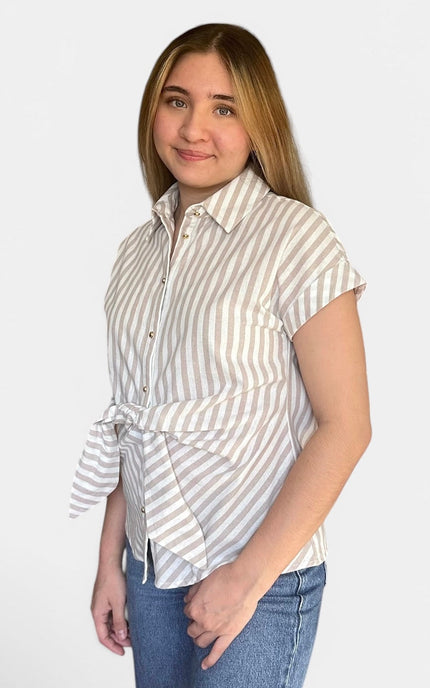 Side view of women's striped cotton tie front blouse.
