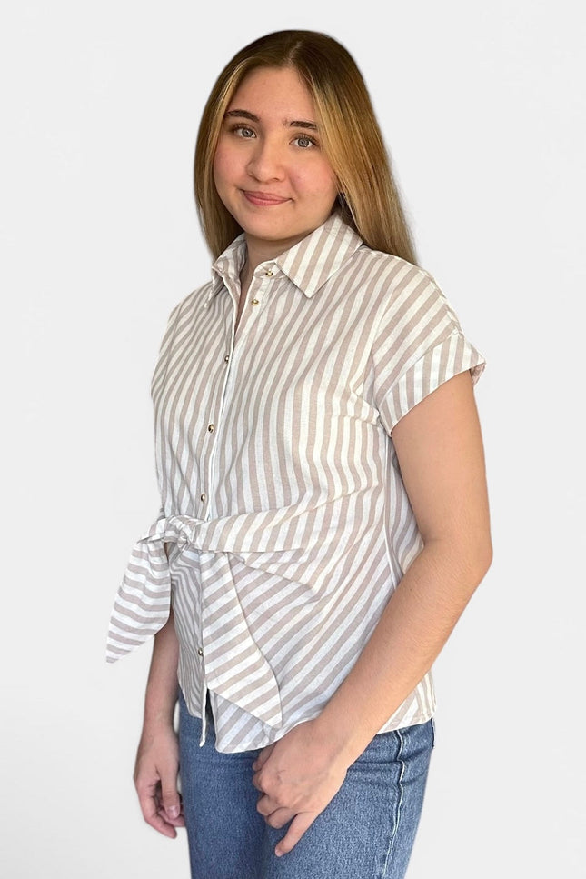 Side view of women's striped cotton tie front blouse.