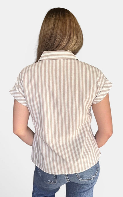 Back view of women's striped short sleeve button down shirt.