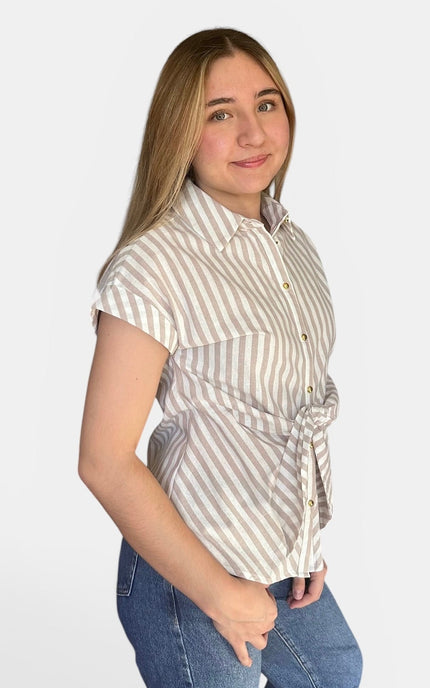 Side view of women's striped cotton tie front blouse.