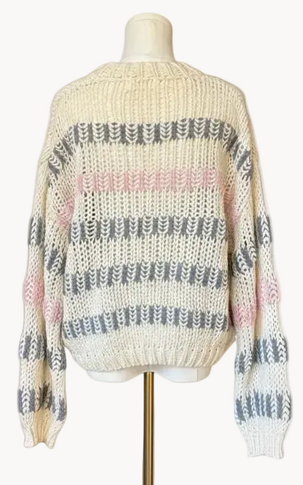 Ivory multi chunky stripe sweater with drop shoulders and voluminous sleeves, textured knit, photographed on a Soft Linen background for Justyna Grace Boutique.