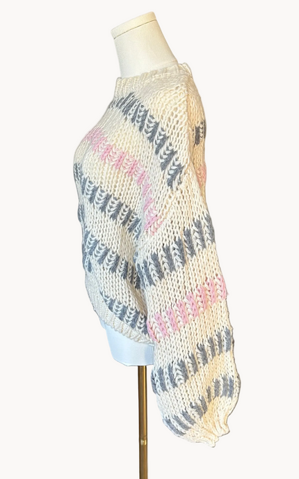 Ivory multi chunky stripe sweater with drop shoulders and voluminous sleeves, textured knit, photographed on a Soft Linen background for Justyna Grace Boutique.