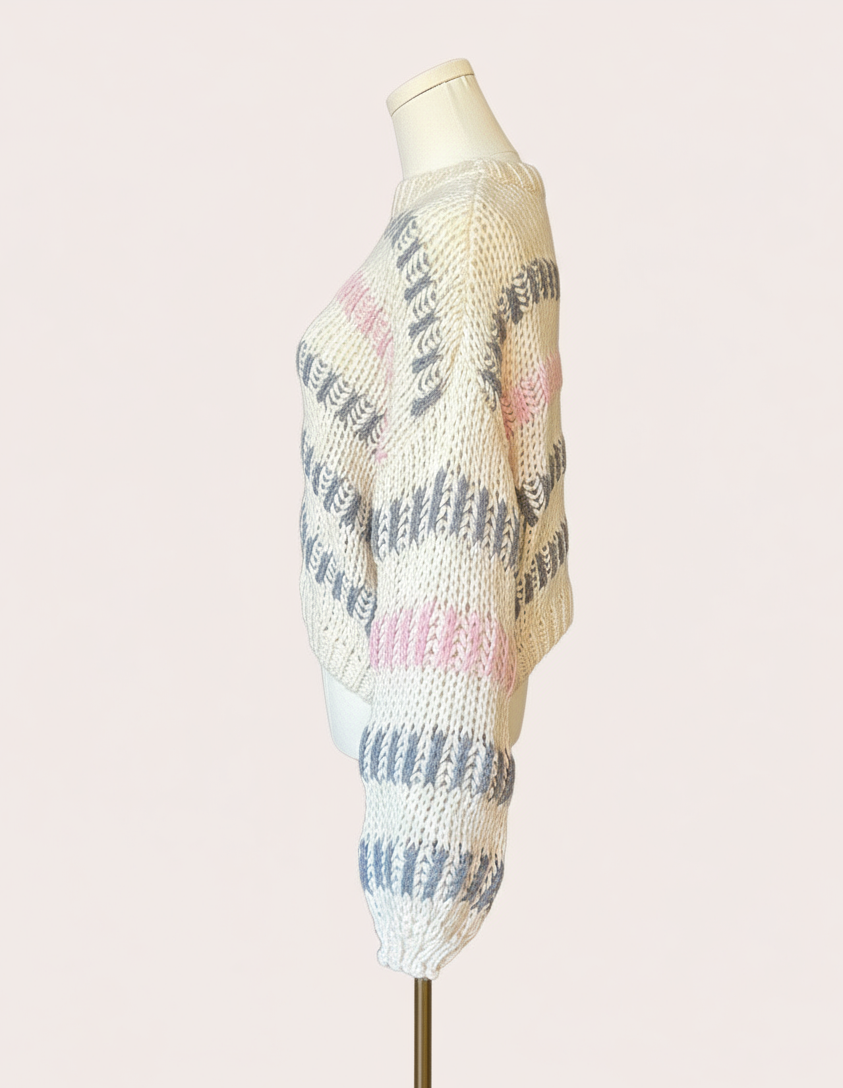 Ivory multi chunky stripe sweater with drop shoulders and voluminous sleeves, textured knit, photographed on a Soft Linen background for Justyna Grace Boutique.