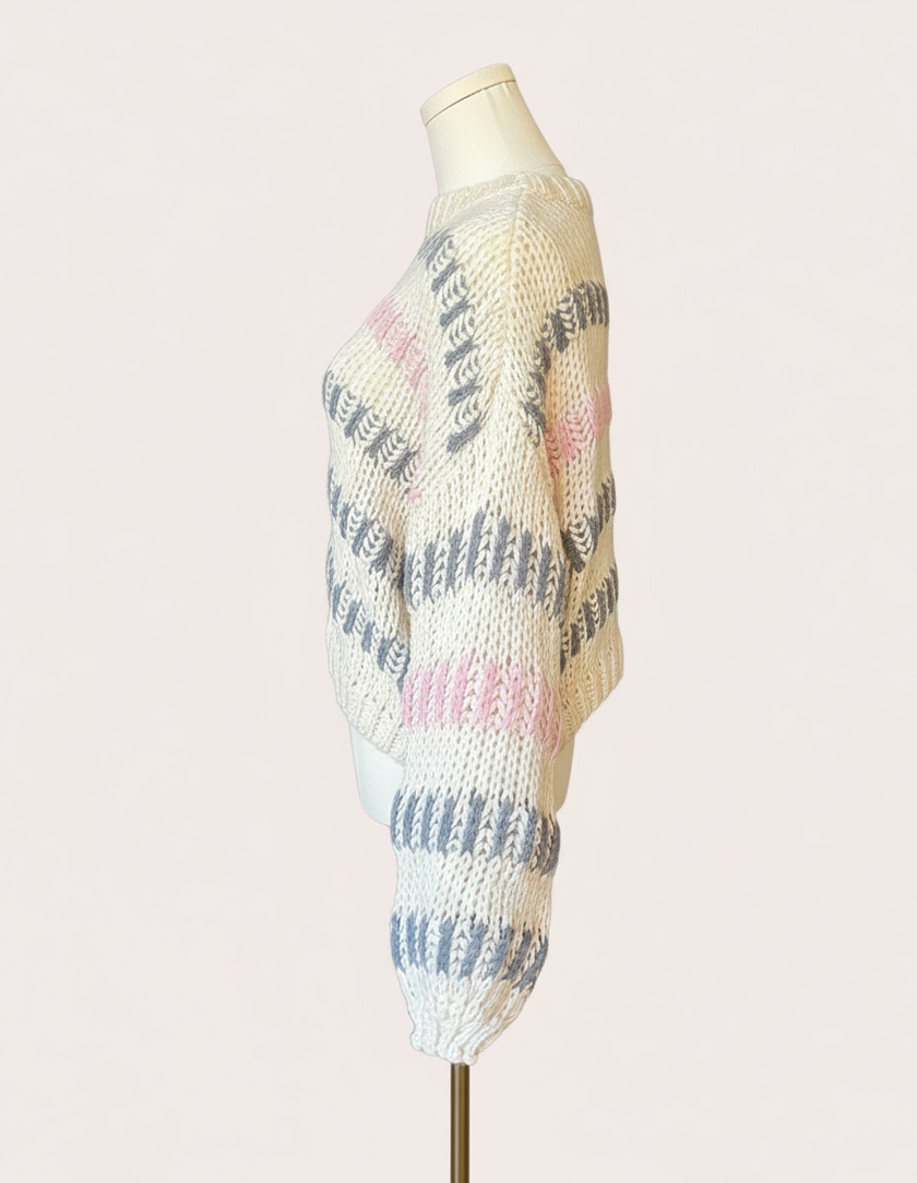 Ivory multi chunky stripe sweater with drop shoulders and voluminous sleeves, textured knit, photographed on a Soft Linen background for Justyna Grace Boutique.