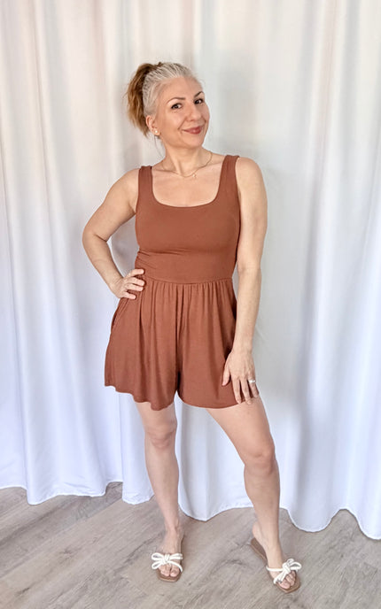 Casual hazelnut romper designed for everyday comfort and effortless style.