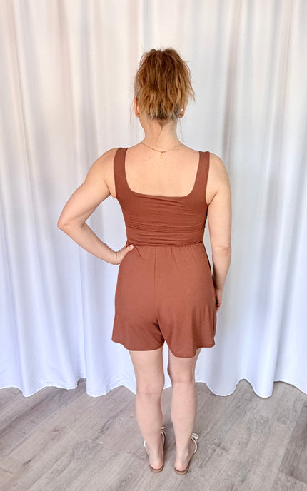 Back view of a comfortable hazelnut romper showcasing the double-layer construction.
