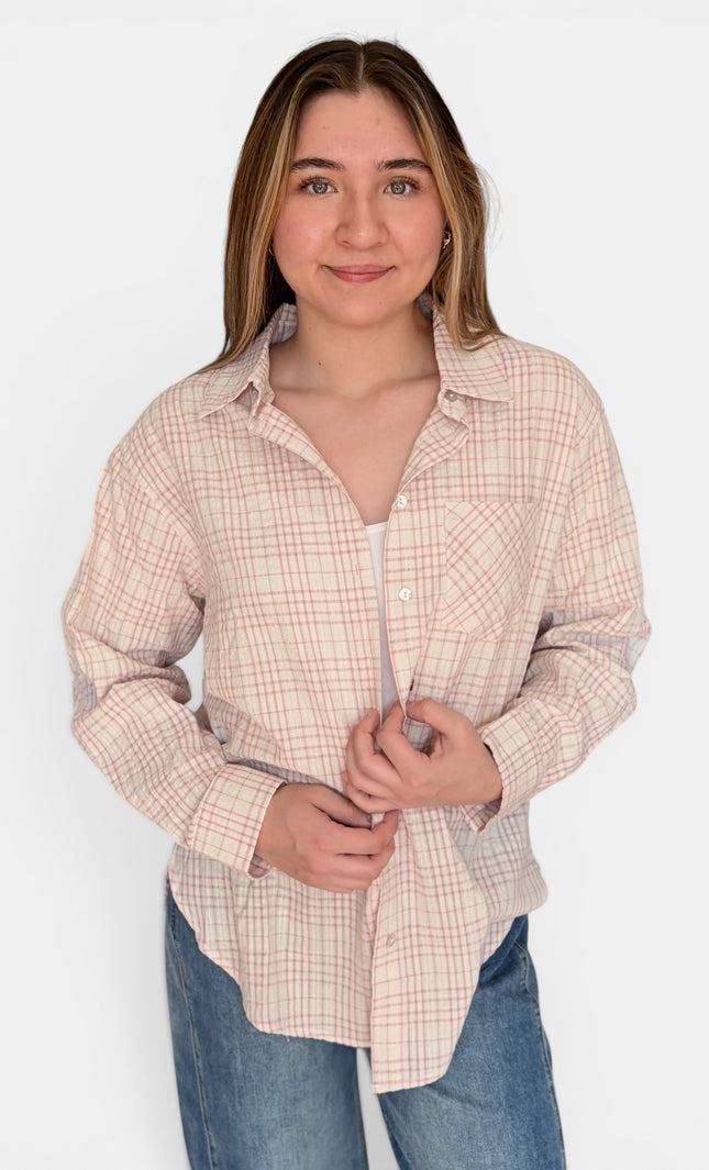 Oversized plaid button-down shirt in textured cotton