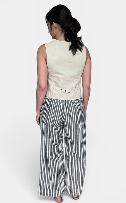 Neutral linen blend vest with semi-fitted silhouette
