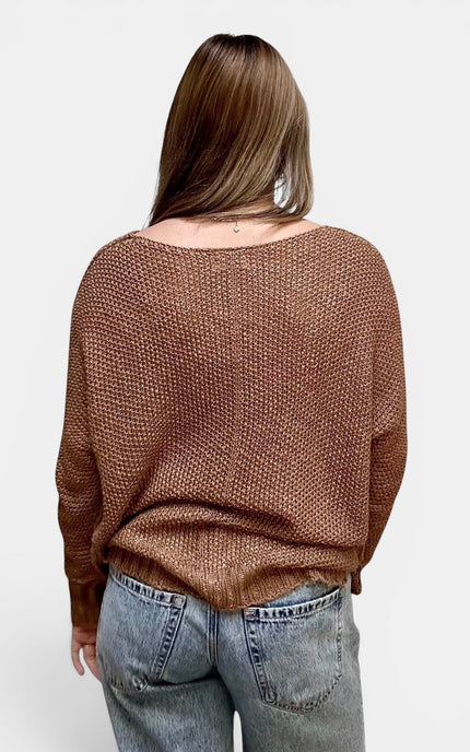 A woman viewed from the back wearing a brown textured knit sweater and light blue jeans against a plain light gray background.