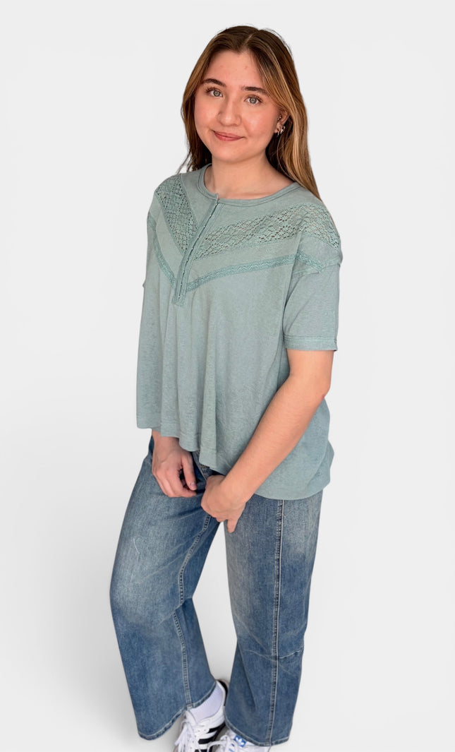 Lightweight cotton lace top with hook-and-eye front