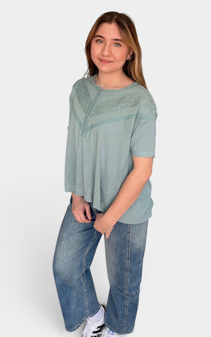 Lightweight cotton lace top with hook-and-eye front