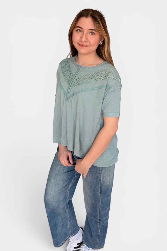 Lightweight cotton lace top with hook-and-eye front