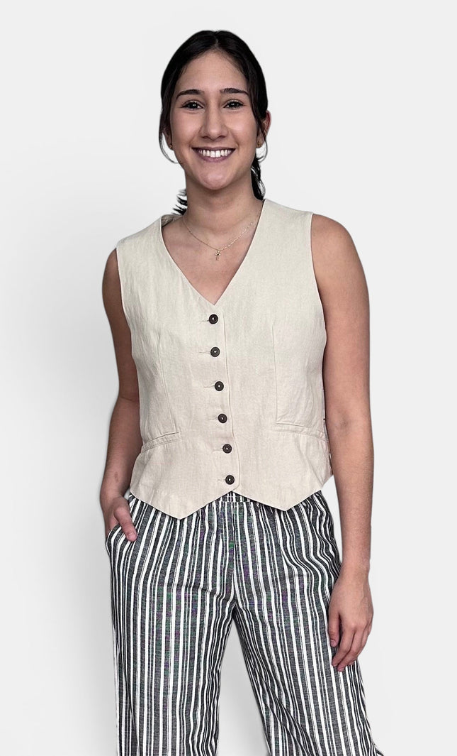 Linen cotton vest with V-neck and coconut button front