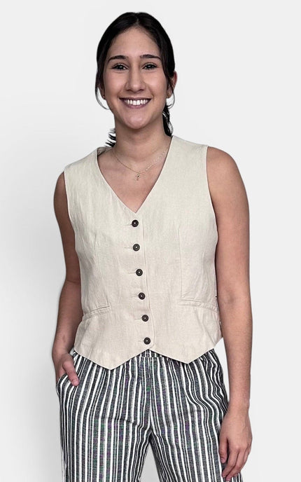 Linen cotton vest with V-neck and coconut button front