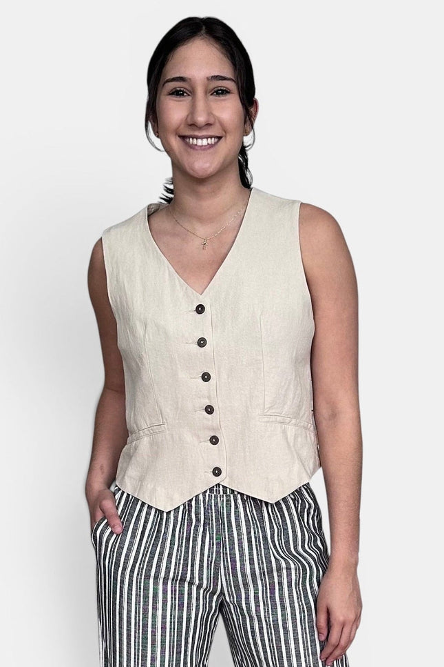 Linen cotton vest with V-neck and coconut button front