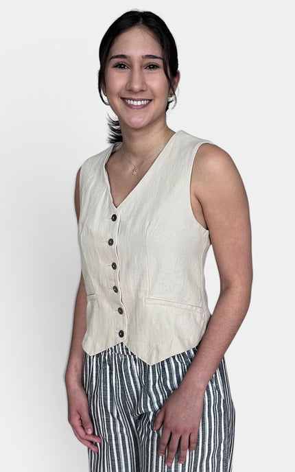 Lightweight cotton linen vest with functional button front