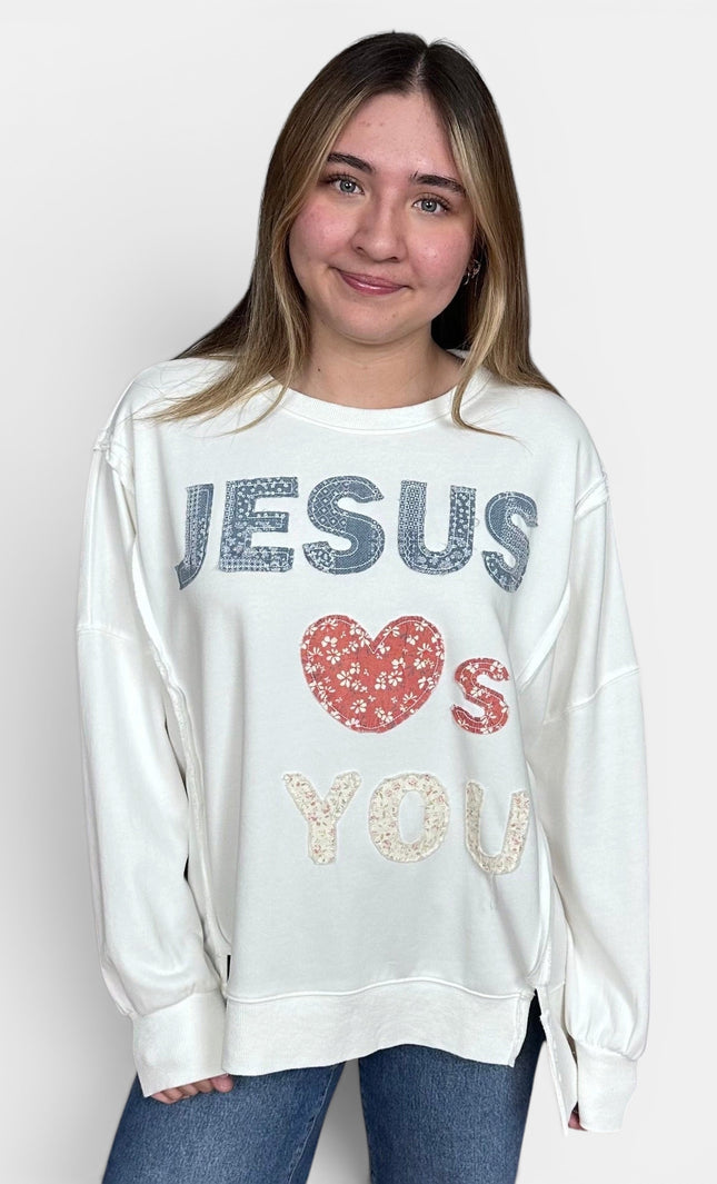 Mineral wash cotton sweatshirt featuring a "Jesus Loves You" faith graphic
