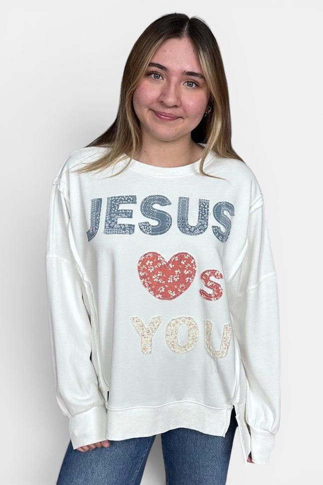 Mineral wash cotton sweatshirt featuring a "Jesus Loves You" faith graphic