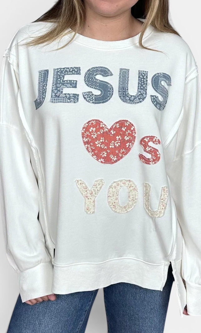 Relaxed fit "Jesus Loves You" graphic French terry crewneck sweatshirt