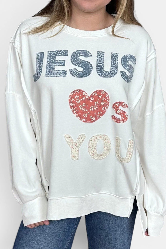 Relaxed fit "Jesus Loves You" graphic French terry crewneck sweatshirt