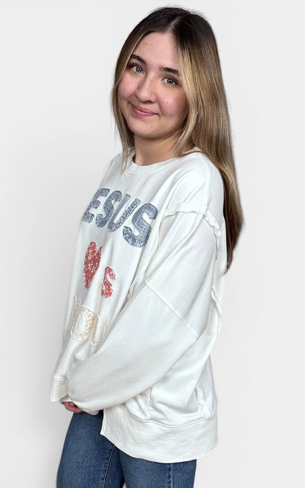 Casual cotton French terry crewneck sweatshirt styled with denim