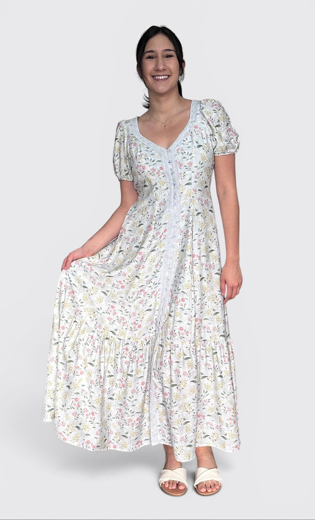 Romantic floral maxi dress with lace trim and feminine silhouette