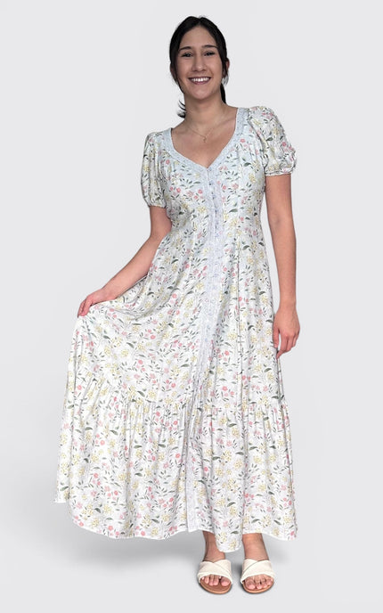 Romantic floral maxi dress with lace trim and feminine silhouette