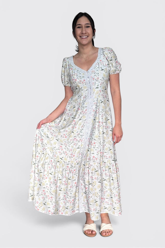 Romantic floral maxi dress with lace trim and feminine silhouette