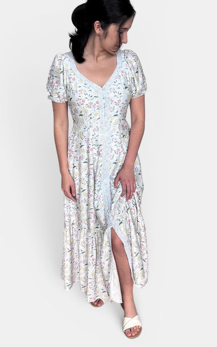 Lightweight floral maxi dress with puff sleeves and button-front detail