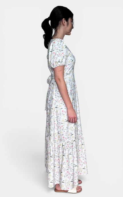 Floral rayon maxi dress with flattering belted waist and lace trim