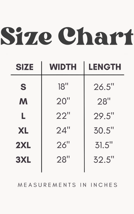 Size chart for clothing with measurements in inches