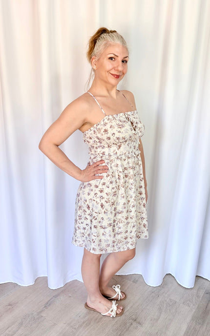 Soft rayon challis floral mini dress with pockets and lightweight comfort.
