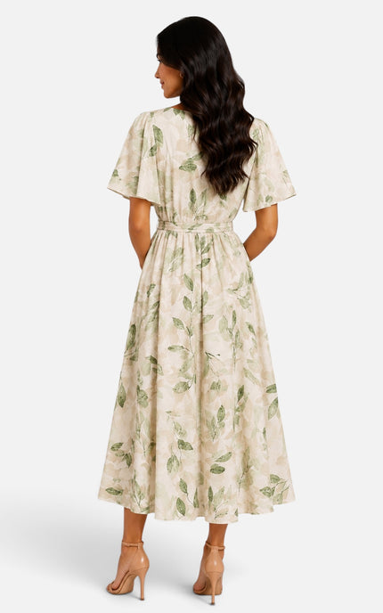 A woman viewed from the back wearing a cream midi dress with a green leaf pattern, short flutter sleeves, and a tie waist, paired with nude high heels against a light gray studio background.