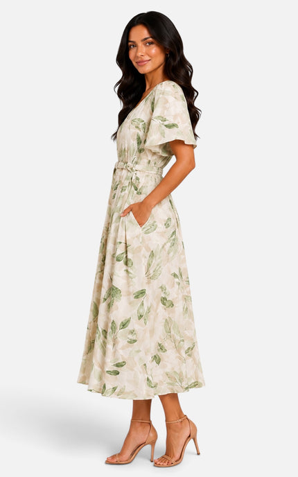 A woman modeling a cream-colored midi dress with a green leaf pattern, featuring short flutter sleeves, a tie waist, and side pockets, paired with nude high-heeled sandals against a light gray studio background.
