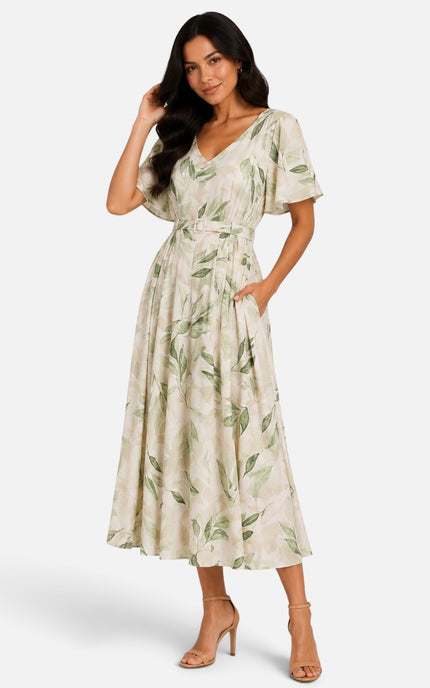 A woman modeling a midi-length cream dress with a green leaf pattern, featuring short flutter sleeves, a V-neckline, and a matching fabric tie belt at the waist, paired with beige high-heeled sandals against a light gray studio background.