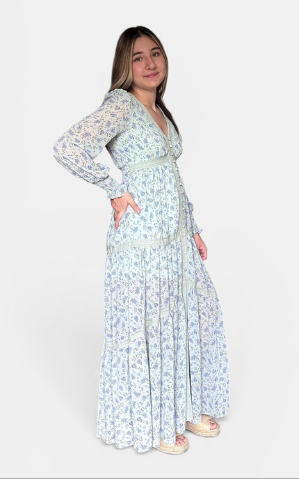 Long-sleeved maxi dress with a delicate blue and white floral pattern, standing against a light gray studio background.