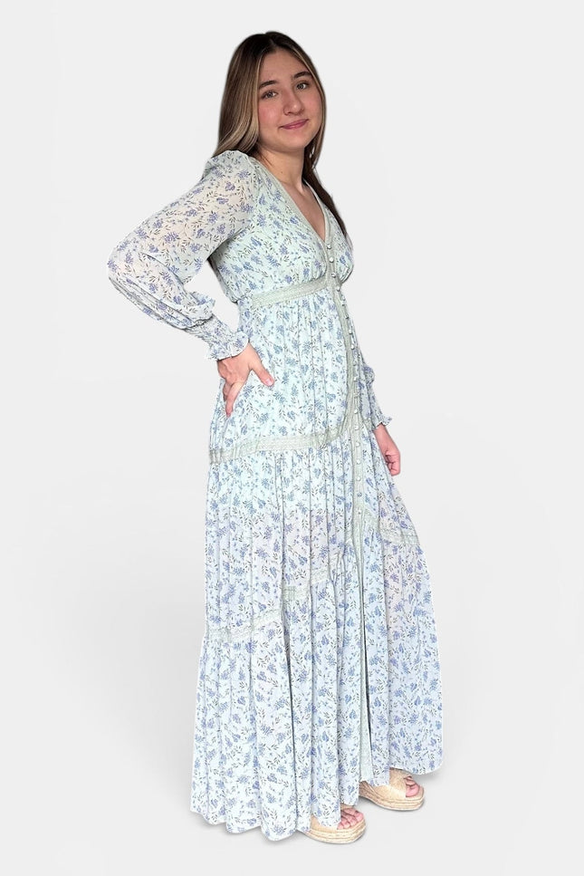 Long-sleeved maxi dress with a delicate blue and white floral pattern, standing against a light gray studio background.